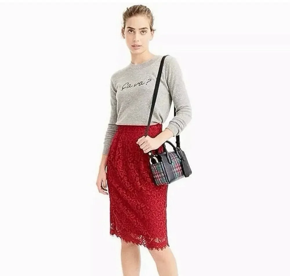 NEW J. Crew Pintuck Lace Pencil Skirt in Red Size 8